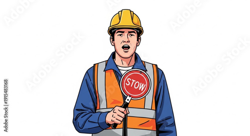Construction Worker Holding Stop Sign.