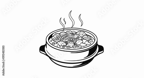 A stylized line drawing of a steaming bowl of hearty stew with various ingredients