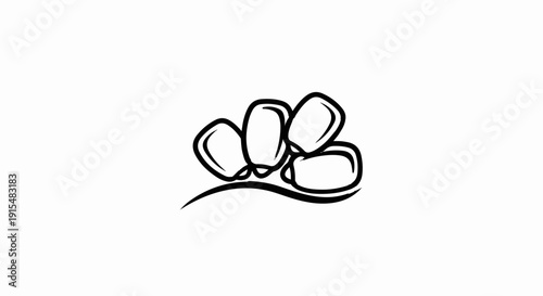 A stylized black and white line drawing of a bunch of plump beans on a curved line