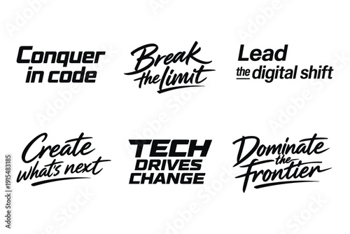 Inspirational tech slogans with dynamic typography and motivational phrases