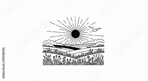 A stylized black and white illustration of a sunny rural landscape with rolling hills and diverse flora