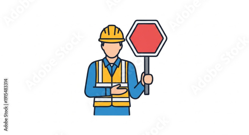 Construction Worker Holding Stop Sign.