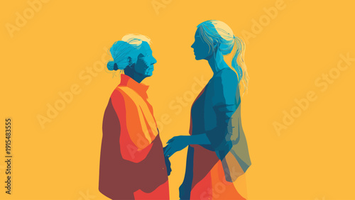 This flat design illustration depicts intergenerational women's support, symbolizing mentorship, wisdom, and continuity across different age groups