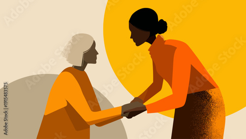 This flat design illustration depicts intergenerational women's support, symbolizing mentorship, wisdom, and continuity across different age groups