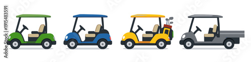 Collection of four colorful golf carts with different designs and purposes