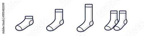 Collection of white socks in different lengths and pairs, simple flat design