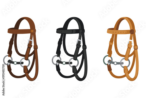 Collection of three horse bridles in brown, black, and tan with metal bits