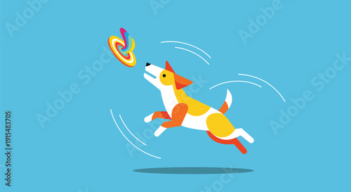 Active Dog Leaping to Catch Colorful Toy Flat Vector Illustration for Pet Fitness and Outdoor Play Concept on Blue Background.