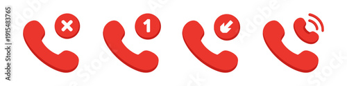 Set of red phone icons with different notification symbols for communication status
