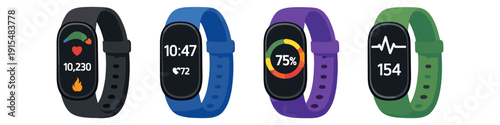 Collection of colorful fitness trackers displaying health and activity data