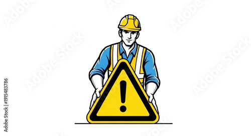 Construction Worker Holding Warning Sign.