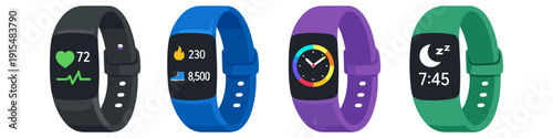 Four colorful fitness trackers displaying different health and activity metrics on their screens