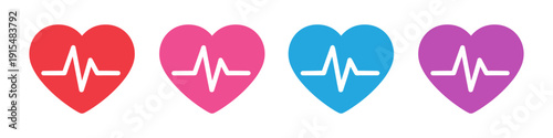 Four colorful heart icons with electrocardiogram lines symbolizing health and life