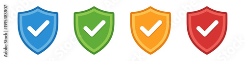 Four colorful shield icons with checkmarks representing security and approval