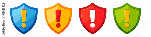 Set of colorful shield icons with exclamation marks representing security and warning alerts