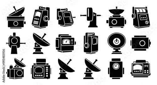 Vintage Radar Satellite Communication Equipment Silhouette Icons Set,  Black silhouette icons of vintage radar, satellite dishes, and communication devices in retro technology style.