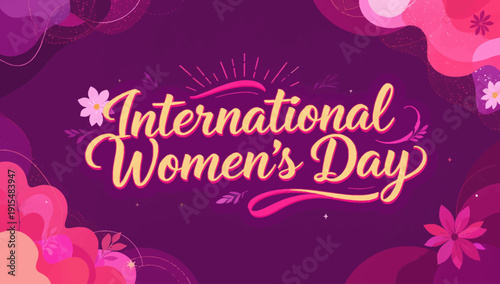 This flat design illustration celebrates International Women's Day with decorative text, flowers, and a ribbon, conveying a festive and respectful tribute to women