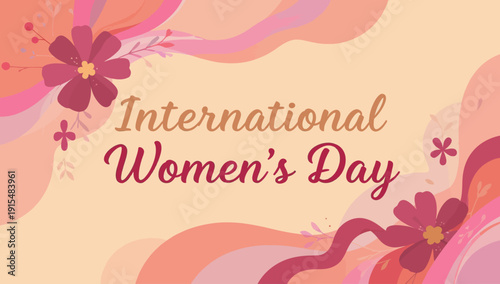 This flat design illustration celebrates International Women's Day with decorative text, flowers, and a ribbon, conveying a festive and respectful tribute to women