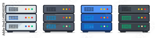 Stack of colorful network servers and data storage devices in a flat design