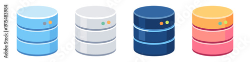 Set of four colorful database icons in isometric view, representing data storage and technology