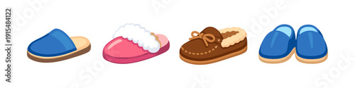 Collection of four different styles of comfortable house slippers for indoor wear