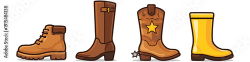 Collection of four different types of boots displayed side by side on a white background
