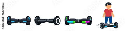 Collection of hoverboards and a child riding one, showcasing different designs and lights