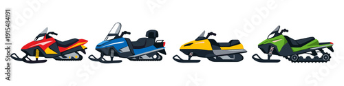 Collection of colorful snowmobiles lined up against a white background for winter sports