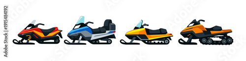 Collection of four colorful snowmobiles in a row on a white background