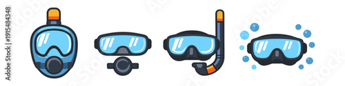 Collection of colorful cartoon diving masks and snorkels for underwater exploration