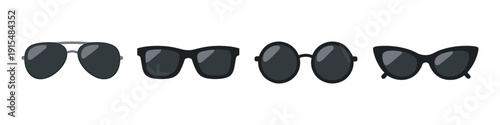 Collection of four different styles of black sunglasses on a white background