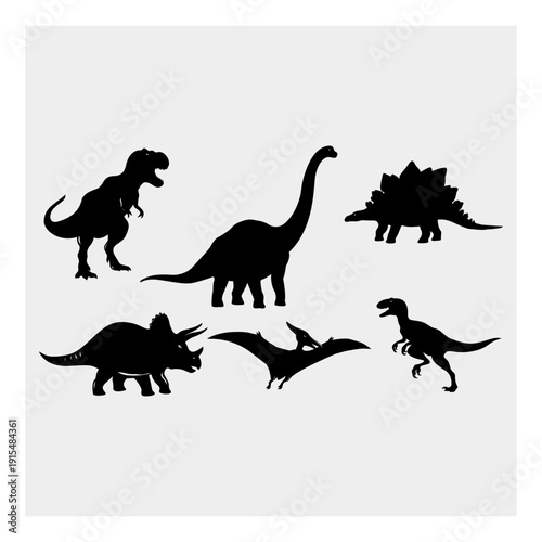 Various silhouettes of prehistoric dinosaurs including T-Rex, Brachiosaurus, Triceratops, and Pterodactyl