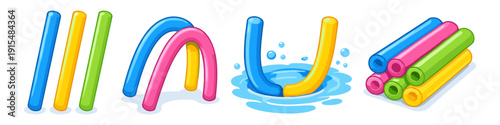 Colorful pool noodles arranged in various playful configurations on a white background