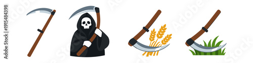 Grim Reaper, scythe, wheat, and grass icons representing harvest and mortality