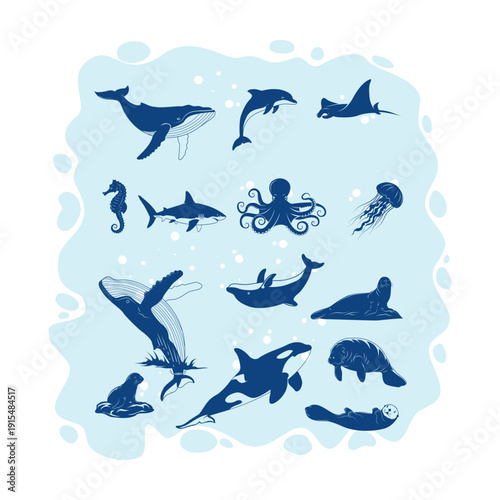 A set of marine animal silhouettes featuring whales jumping, dolphins, and sea lions
