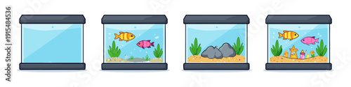 Four stages of setting up a fish tank from empty to decorated aquarium