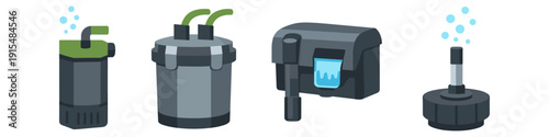 Collection of four different aquarium water filters with bubbles and water flow illustrations