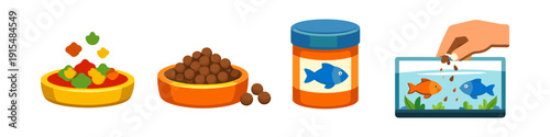 Various types of fish food and feeding a pet aquarium