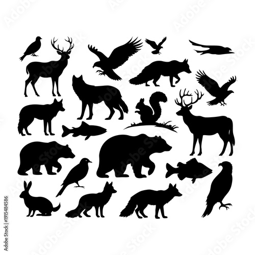 Silhouettes of northern hemisphere wildlife featuring bears, wolves, deer, fish, and birds of prey