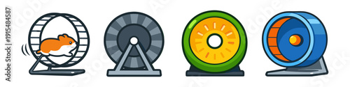 Collection of cartoon hamster wheels, one with a running hamster, isolated on white