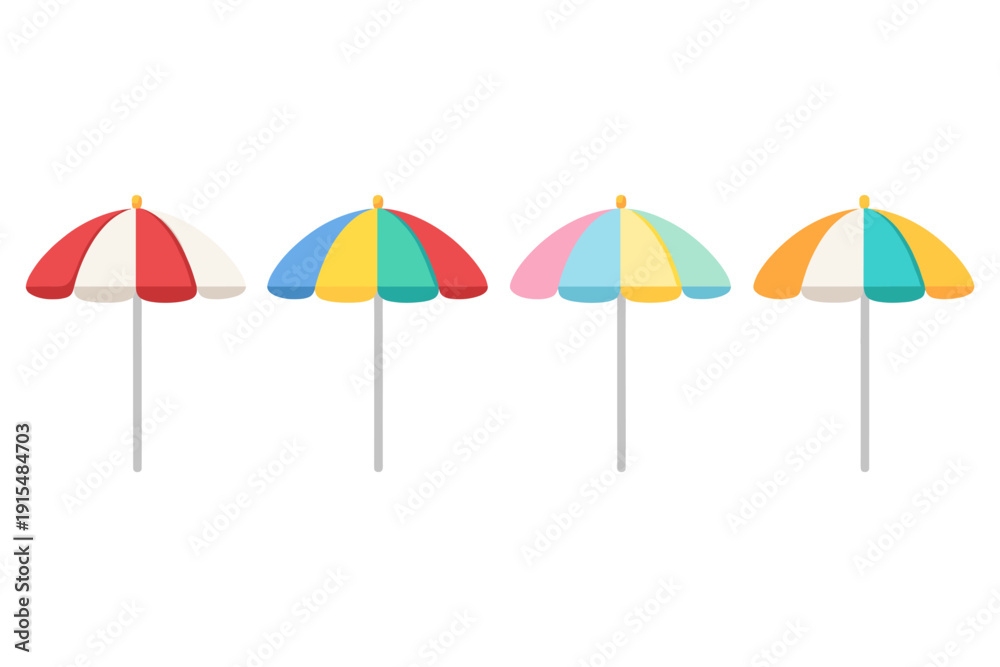 Obraz premium Collection of colorful beach umbrellas on a white background, perfect for summer themes