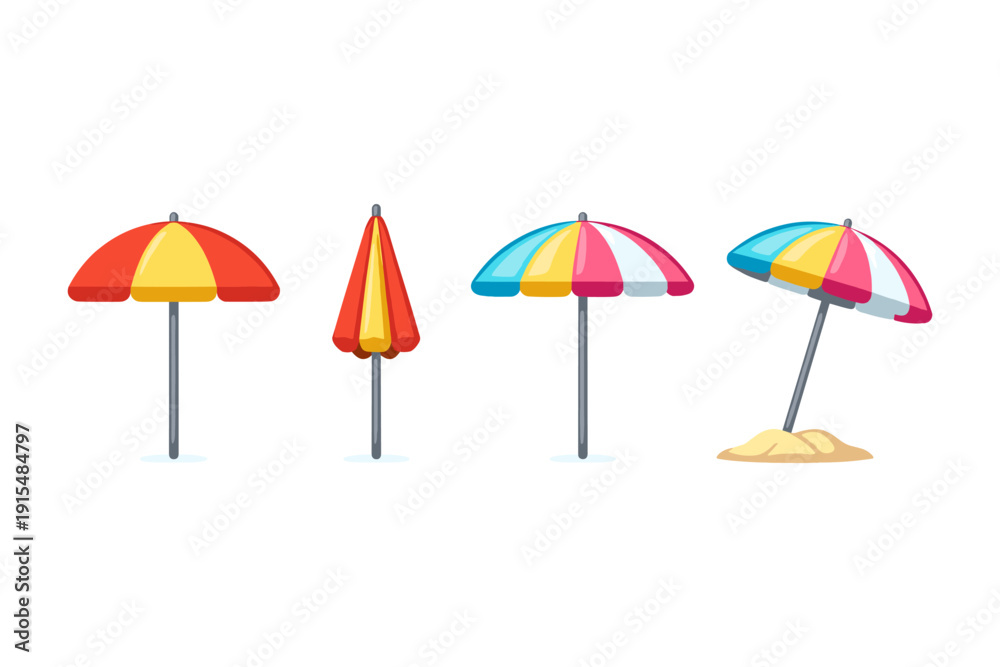 Obraz premium Collection of colorful beach umbrellas in different styles and positions on white background