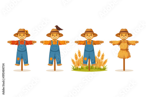 Four charming cartoon scarecrows in a row, ready for autumn harvest season