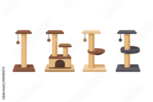 Collection of four distinct cat scratching posts with varying designs and platforms
