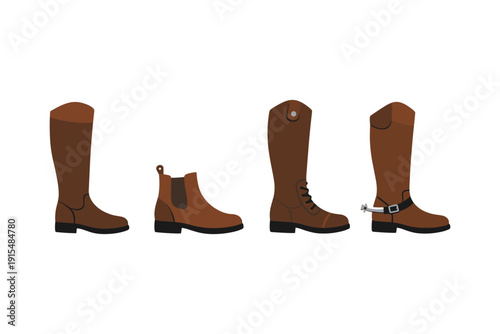 Collection of brown equestrian boots and chelsea boots with spurs on white background