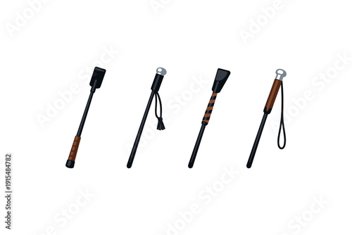 Collection of four riding crops and whips with leather handles and straps
