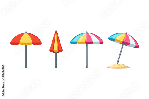 Collection of colorful beach umbrellas in different styles and positions on white background