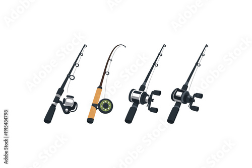 Collection of four different fishing rods with reels, isolated on white background