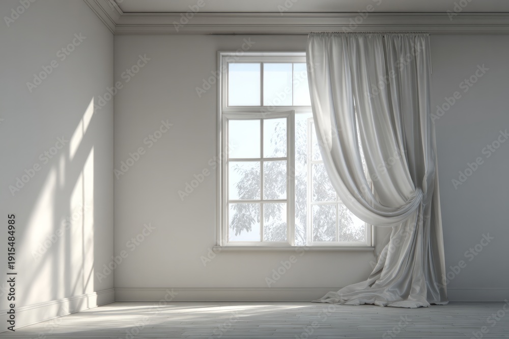 Fototapeta premium Sunlight streams through a paneled window illuminating a sparsely furnished room with draped fabric.