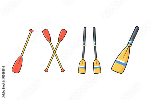 Collection of cartoon paddles for rowing and kayaking on a white background